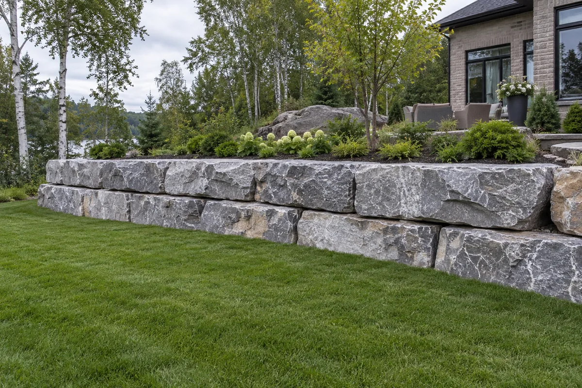 Large grey armour stone courses beside a planted residential lawn — illustrative North Bay-area project concept