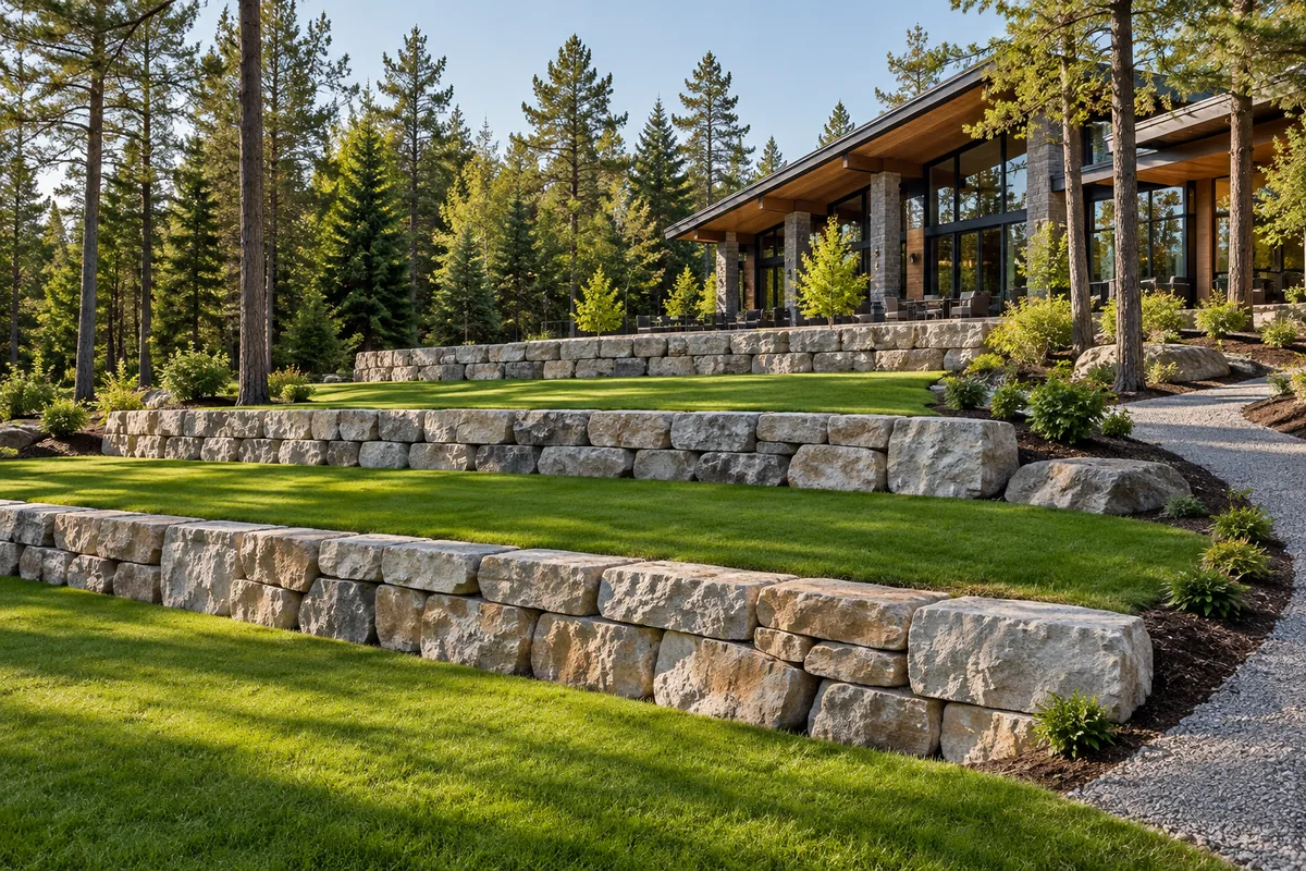 Broad lawn terraces supported by limestone walls at a lodge — illustrative North Bay-area project concept