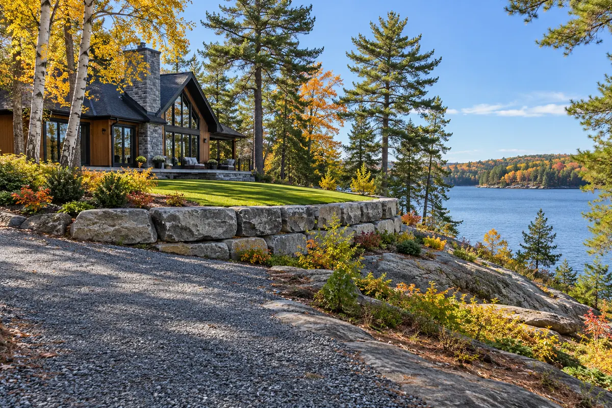 Natural stone retaining edge beside a cottage gravel approach — illustrative North Bay-area project concept