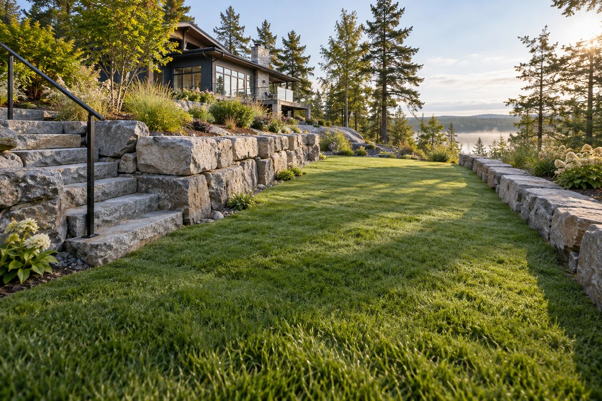 Level residential lawn between natural stone landscape walls — illustrative North Bay-area project concept