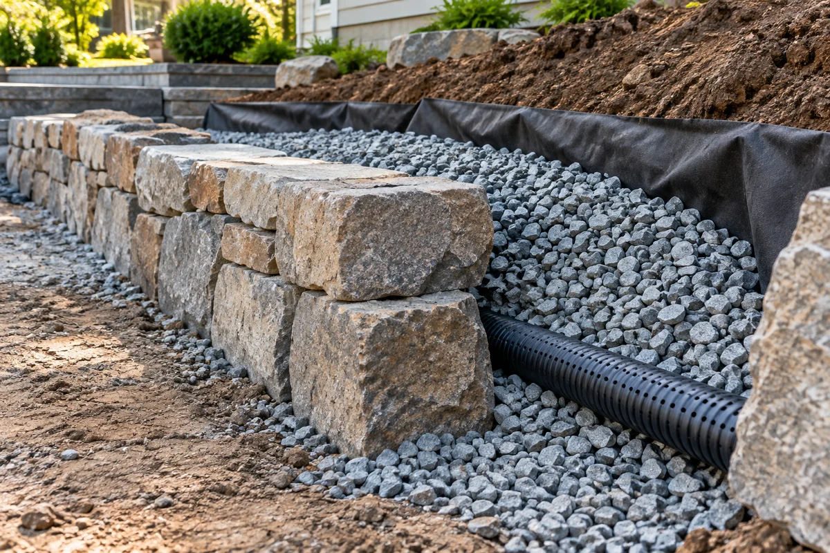 Drainage aggregate and pipe behind a stone wall under construction — illustrative North Bay-area project concept