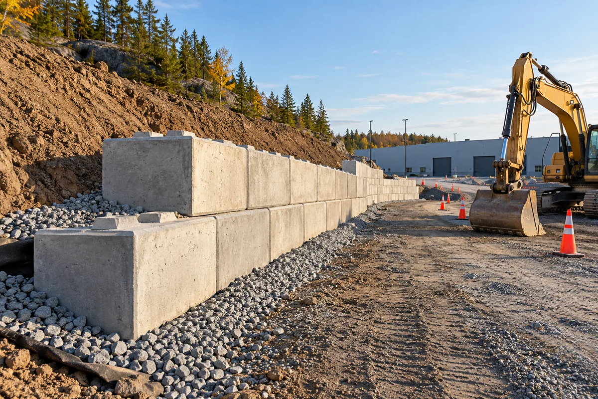 Large concrete retaining blocks being installed beside an excavated bank — illustrative North Bay-area project concept
